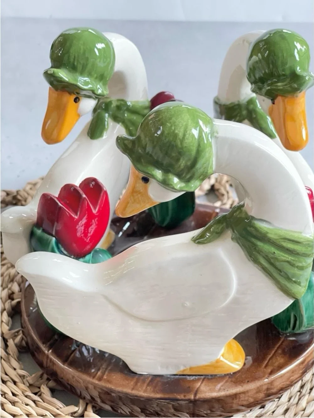 Cottagecore Vintage Ceramic Hand Painted Geese & Red Tulips Candle Holder Folksy